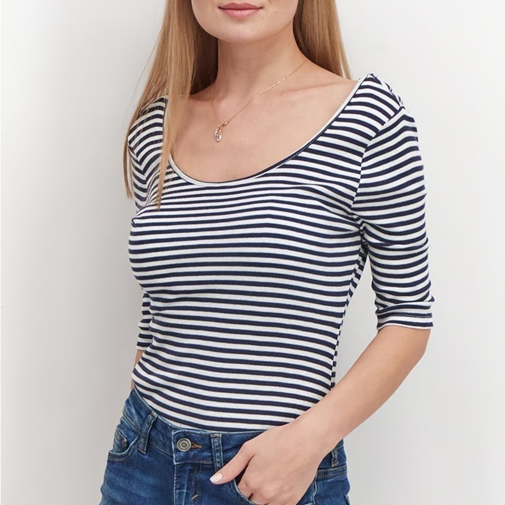 NWT! Avec Les Filles Bodysuit, White and Navy Stripes, Size S